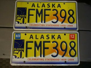 Alaska 50 Anniversary License Plate Matched Pair - 2009 - Celebrating Statehood