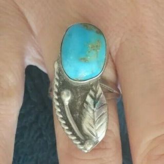 Early Vintage Native American Sterling & Turquoise Feather Design Ring Sz 7.  5