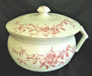 Antique Johnson Bros Chamber Pot W/lid Floral Red Transferware Semi - Porcelain