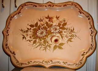 Xl Shabby Vintage Hand Painted Pilgrim Tole Toleware Tray 26 X 19