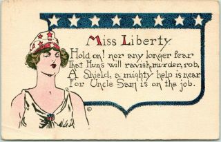 Vintage 1910s Wwi Patriotic Postcard " Miss Liberty " Poem - World War I