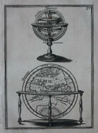 Antique Print Armillary Sphere,  World Eastern Hemisphere,  Mallet,  1683