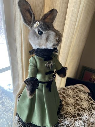 Taxidermy Grey Rabbit Head And Feet In Vintage Dress On Antique Spool 12 - 18”