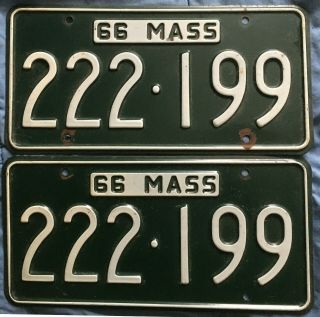 Vintage 1966 Mass Massachusetts Green Paint Car License Plate Pair Set 222,  199