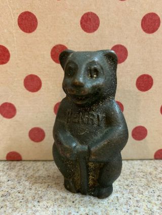 Vintage 3 " Cast Iron Henry The Bear Paperweight Holding Dynamite Plunger