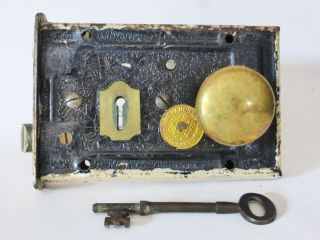 Antique Victorian Cast Iron Rim Lock With Brass Door Handles,  Key And Keeper