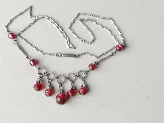 Vintage Jewellery Silvertone And Red Foil Glass Necklace.  18 Inches