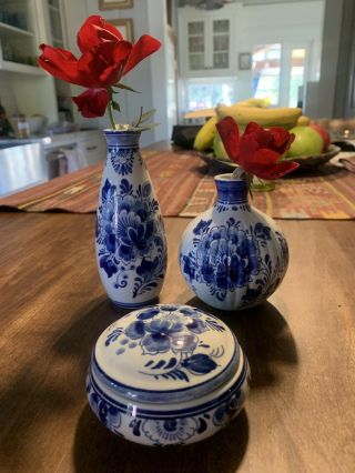 Vintage Delft Hand Painted Blue & White Floral: 2 Small Vases/1 Ring/trinket Jar