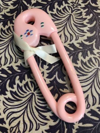 Vintage 1950s Sweet Pink Baby Rattle Toy Safety Pin Shape Hand Painted Flowers
