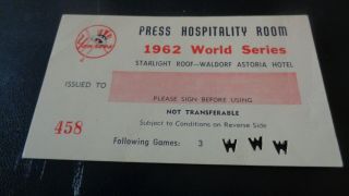 1962 World Series Press Hospitality Room Pass - Giants / York Yankees - Gd