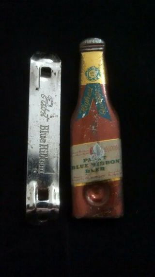 Vintage Bar Set Of 2 Pabst Blue Ribbon Bottle Shape Beer Bottle & Metal Openers