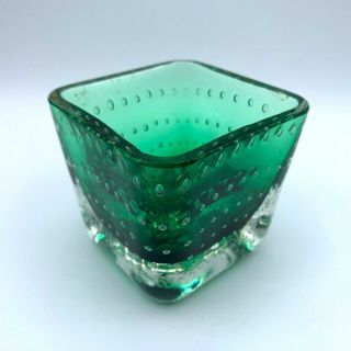 Vintage Art Glass Emerald Green Bullicante Bubble Square Dish Candle Votive