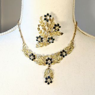 Vintage Coro Necklace & Brooch Set,  Dark Blue,  & Gold,  Floral,