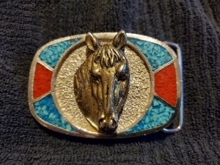 Vintage Sterling Silver Horse Head Belt Buckle With Coral And Turquoise Inlay