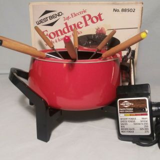 Vintage West Bend Electric 2 Qt.  Flame Red Fondue Pot W/8 Forks 88502,  Usa