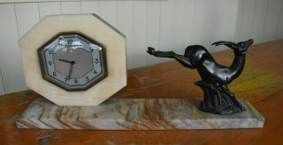 French Art Deco Mantle Clock On Marble Base With Spelter Leaping Deer -