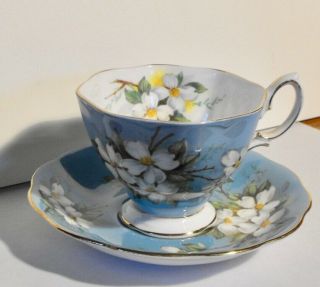Vintage Royal Albert White Dogwood Blue Flora Footed Tea Cup & Saucer Gold Trim