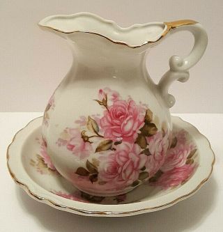 Vintage Norcrest Pitcher Bowl Wash Basin Fine China White Pink Roses Japan L372