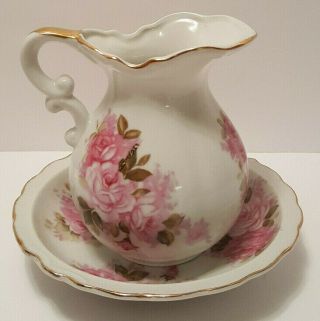 Vintage Norcrest Pitcher Bowl Wash Basin Fine China White Pink Roses Japan L372 2