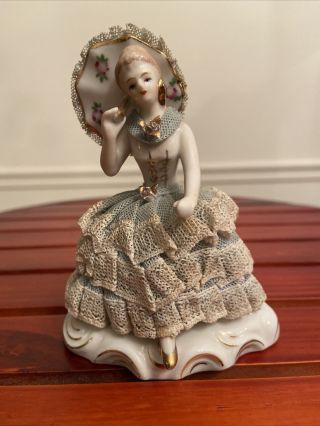 Vintage Mini Porcelain Dresden Lace With Umbrella Lady Figurine Sculpture 4.  1/2”