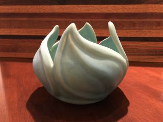 Vintage Van Briggle Tulip Leaf Lotus Swirl Vase Bowl Planter Matte Blue Green