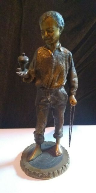 Antique Large Solid Brass Figure Of Boy Playing With Spinnung Top