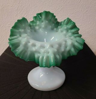 Vintage Fenton Glass White With Green Ruffled Rim Hobnail Vase 6.  75 " T