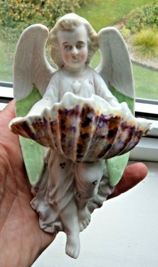 Antique German? Meissen Style Porcelain Holy Water Font Angel Holding Clam Shell