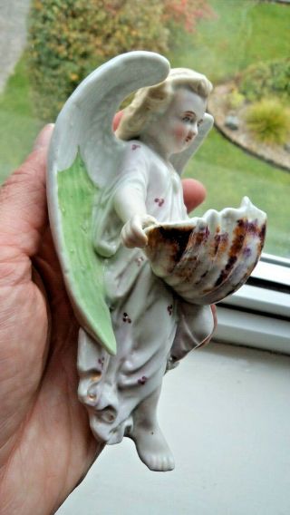 ANTIQUE GERMAN? MEISSEN STYLE PORCELAIN HOLY WATER FONT ANGEL HOLDING CLAM SHELL 2