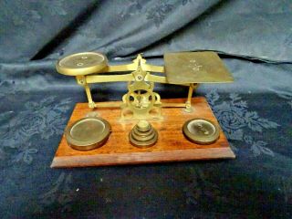 English Antique Victorian Brass & Wood Small Postal Scales With Weights