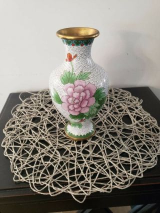 Post 1940 Vintage 9 " Chinese Cloisonne White Enamel Vase - In