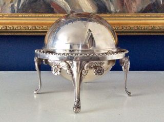 Antique Chased Silver On Copper Roll Top Butter/caviar Dish & Glass Liner