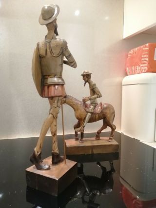 Two Rare Hand Carved Wooden Figures Of Don Quixote.  One Standing Is 13 Inches.