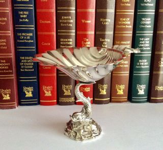 Rare Antique 19th C.  Silver (plated) Footed Shell Form Dolphin Master Salt Cellar