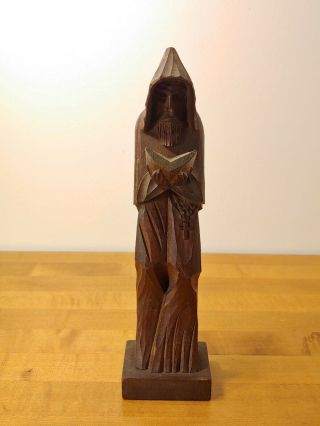 Vtg Hand Carved Wood Praying Monk Priest Statue Figurine Rosary & Bible Cross