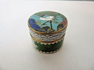 Vintage Chinese Cloisonne Enamel Mini Round Pill Trinket Box Crane Design 1 " Tal