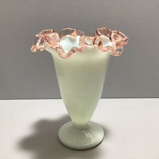 Vintage Fenton Rose Crest Vase Milk Glass W/ Pink 6.  5” Evc