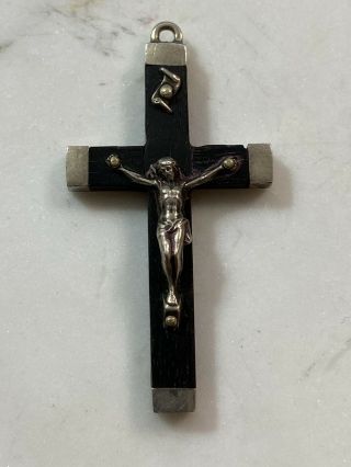 Vintage Sterling Silver Ebony Wood Cross Crucifix Made In France