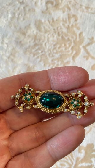 Vintage Victorian Revival Green Cabochon Faux Pearl Brooch Pin.  Goldtone