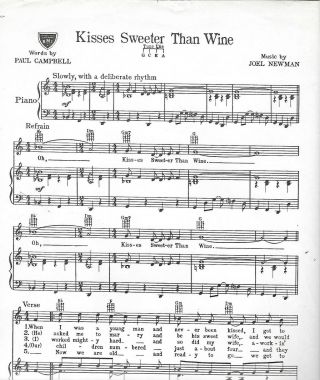 KISSES SWEETER THAN WINE 1951 VINTAGE SHEET Recorded by Jimmie Rodgers 2