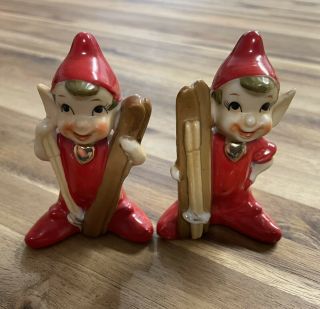 Vintage Pixie Elves Elf Skiing Salt & Pepper Shaker Made In Japan