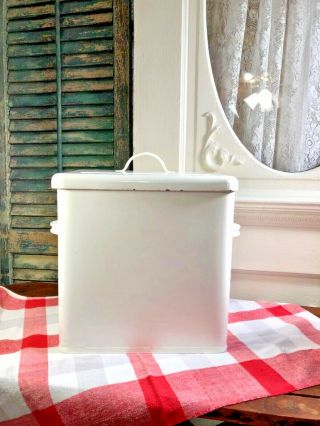 Vintage Antique White Extra Large Bread Box With Lid Enamelware Farmhouse Htf