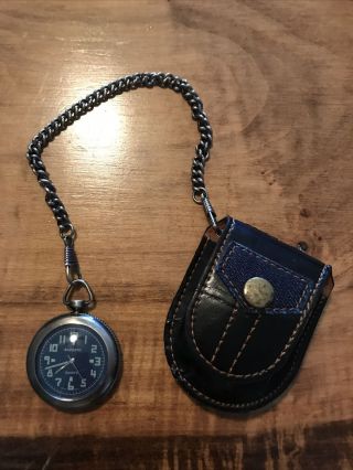 Vintage Bazzato Quartz Pocket Watch With Leather Pouch And Chain Fob