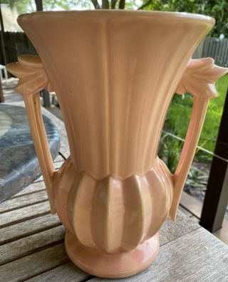 Vintage Signed Mccoy Usa Peach Double Handle Ribbed 9 " Tall Vase L@@k
