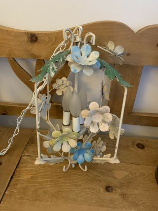 Vintage Mid Century Floral Pink Yellow Blue Flower Tole Metal Chandelier 2