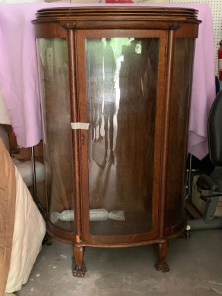 Antique Tiger Oak China Curio Cabinet Showcase Cupboard Curved Glass 3 Shelves