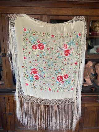 Antique Vintage Floral Embroidered Piano Shawl Silk 1920’s 30’s Textile