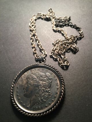 Vintage 1884 O Morgan Silver Dollar Coin Necklace Pendant; Silver Bezel & Chain
