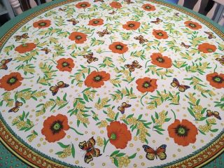 Vintage 66 " Round Cotton Tablecloth W/ Flowers & Butterflies.  Estate