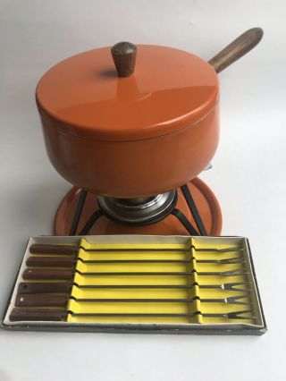 Vintage Mcm Orange Fondue Set 6 Forks,  Burner,  Stand,  And Tray